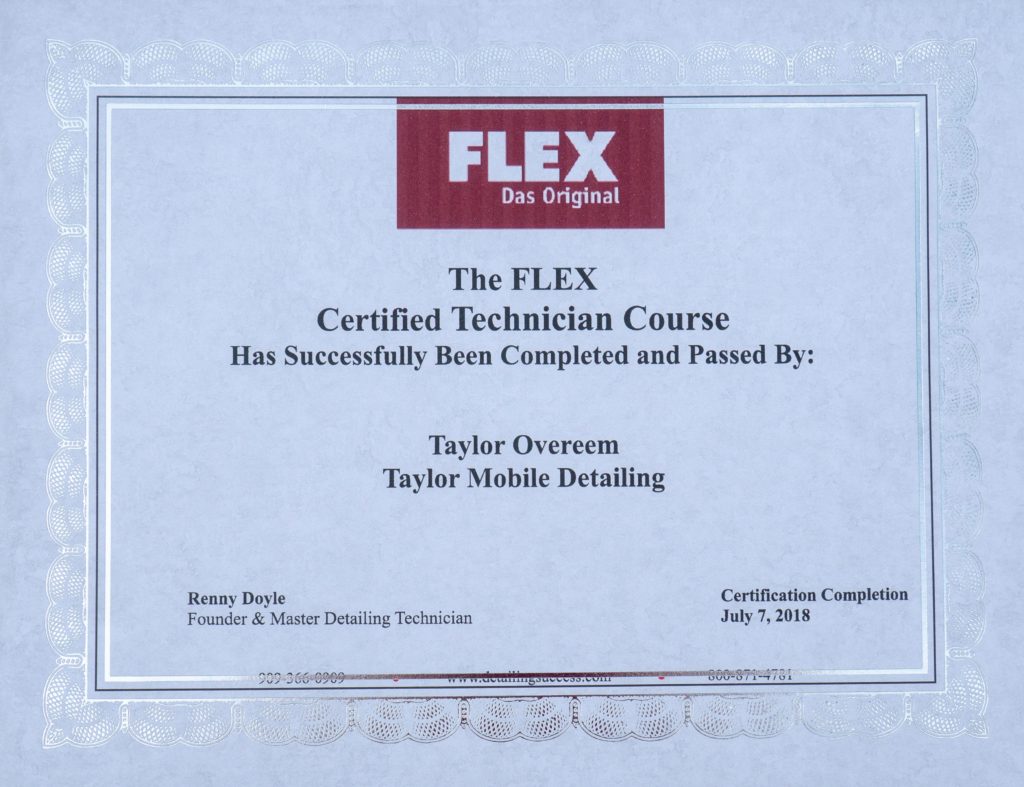 Certificate showing that Taylor Mobile Detailing of Jacksonville is FLEX certified. As a certified Inspiration Ceramic Coating installer, Taylor Mobile Detailing applies long-lasting, high-gloss paint protection directly to your driveway in Jacksonville.