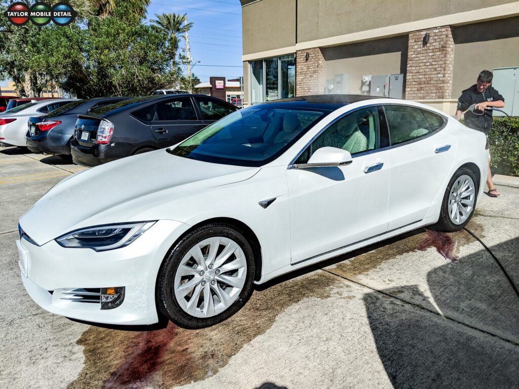 Taylor Overeem detailing a white Tesla with a mobile auto detailing setup including a reverse osmosis water filter, resulting in a spot-free finish.